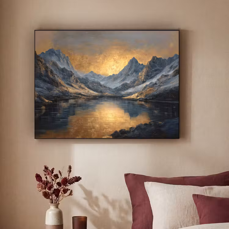 Berglandschap met Gouden Zonsondergang Textielframe zwart klein -sfeer1