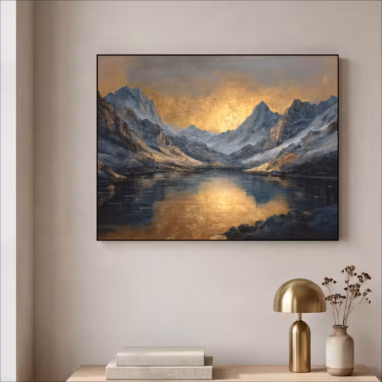 Berglandschap met Gouden Zonsondergang Textielframe zwart klein -sfeer2