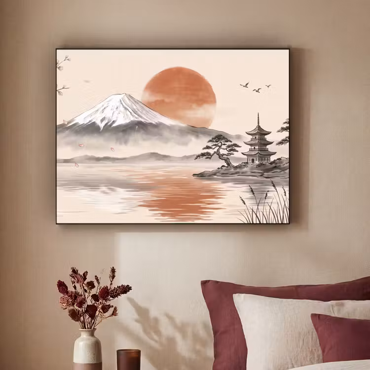 Bergtop - Meer - Bloesem Textielframe zwart klein -sfeer1