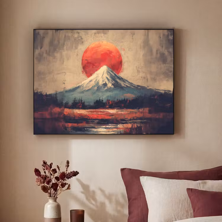 Bergtop - Sneeuw - Zon Textielframe zwart klein -sfeer1