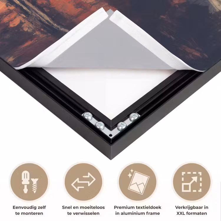 Bergtop - Sneeuw - Zon Textielframe zwart klein -USP_closeupNL
