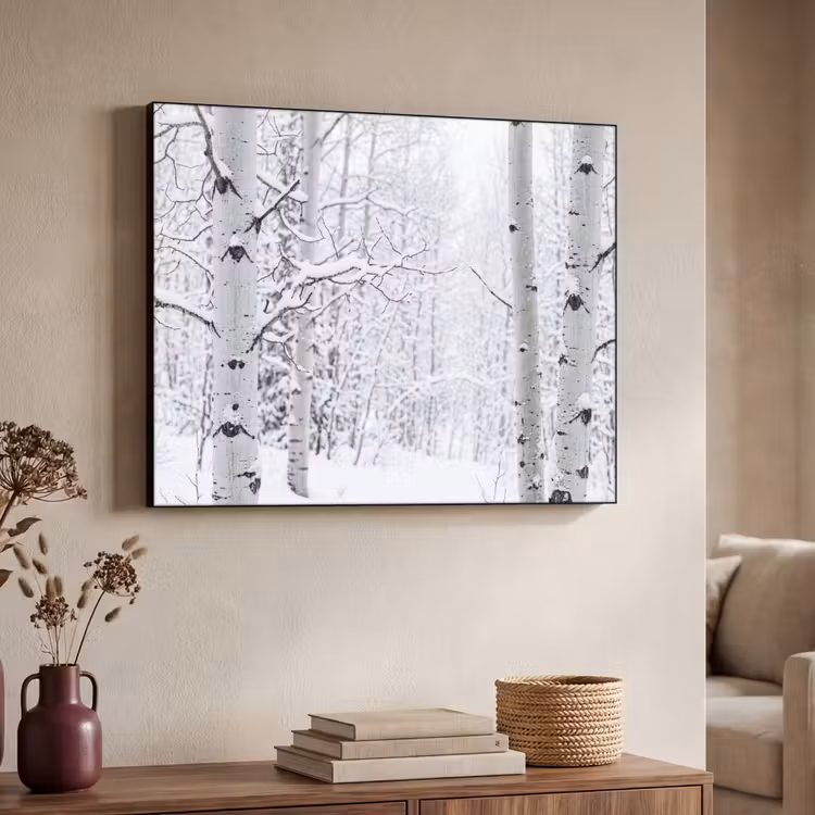 Berkenbomen - Sneeuw - Winter - Bos - Wit Textielframe zwart klein -sfeer3