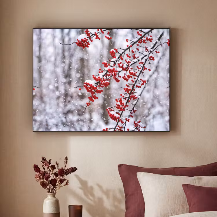 Bessen - Takken - Sneeuw - Winter - Kleurrijk Textielframe zwart klein -sfeer1
