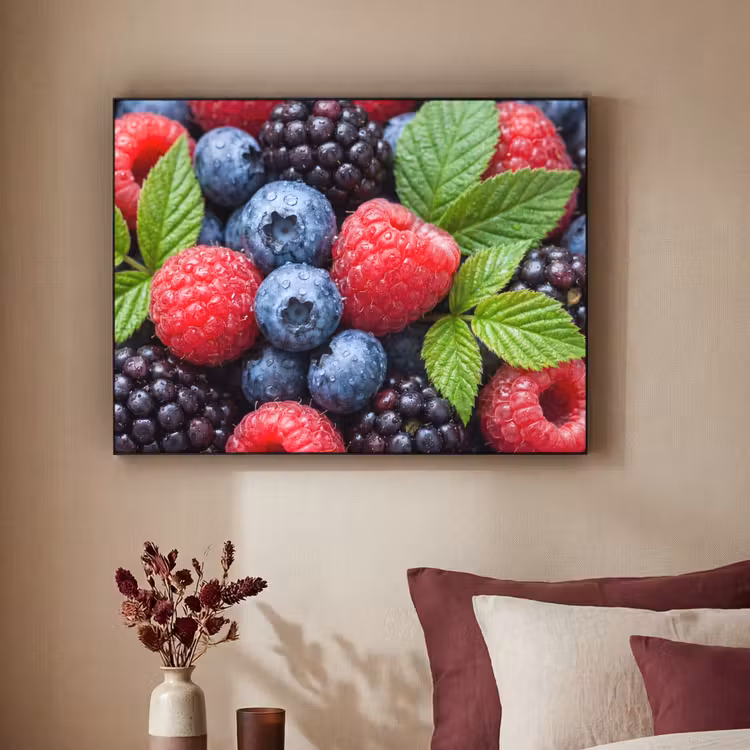 Bessen - Vers - Waterdruppels - Kleurrijk - Eten Textielframe zwart klein -sfeer1