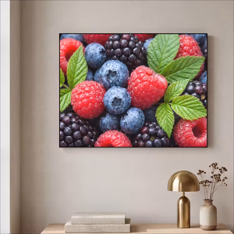 Bessen - Vers - Waterdruppels - Kleurrijk - Eten Textielframe zwart klein -sfeer2