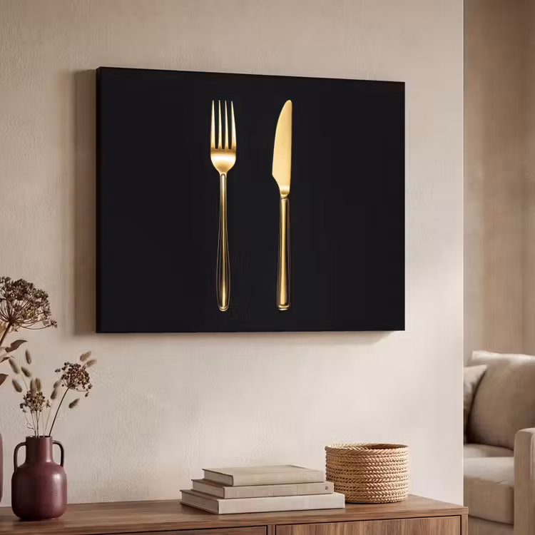 Bestek - Goud - Mes - Vork Textielframe - compleet frame klein -sfeer3