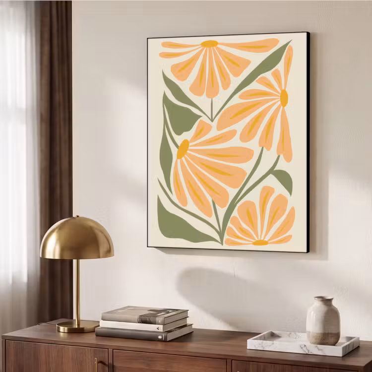 Blaadjes - Zachtoranje - Bloemen Textielframe - compleet frame klein -sfeer3