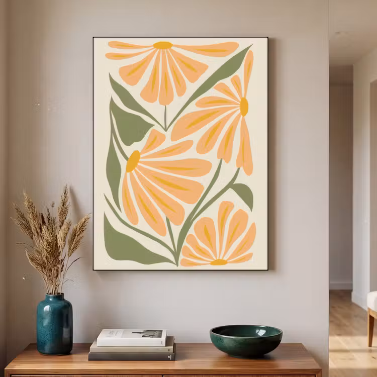 Blaadjes - Zachtoranje - Bloemen Textielframe zwart klein -sfeer1