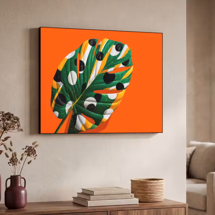 Blad - Oranje - Stippen - Kleurrijk Textielframe zwart klein -sfeer3