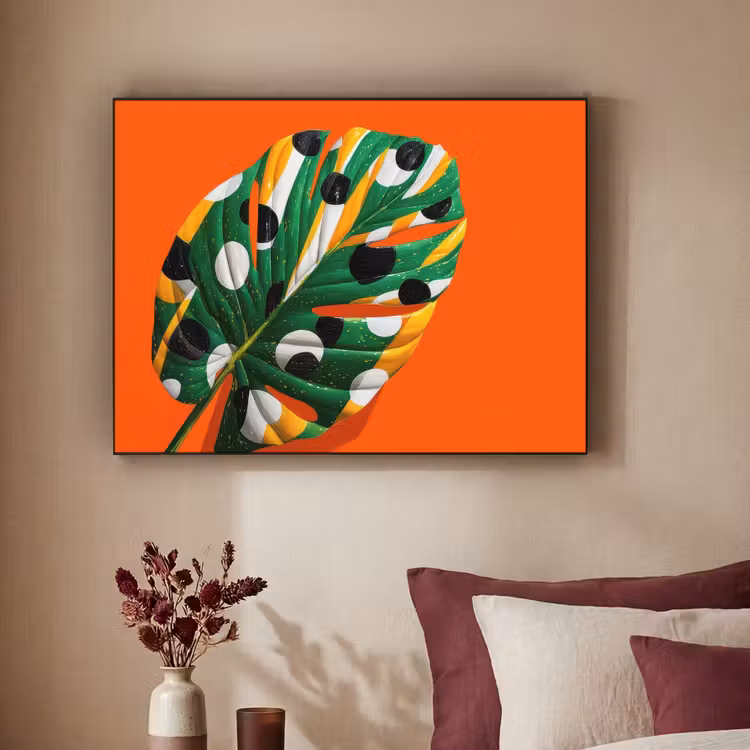 Blad - Oranje - Stippen - Kleurrijk Textielframe zwart klein -sfeer1