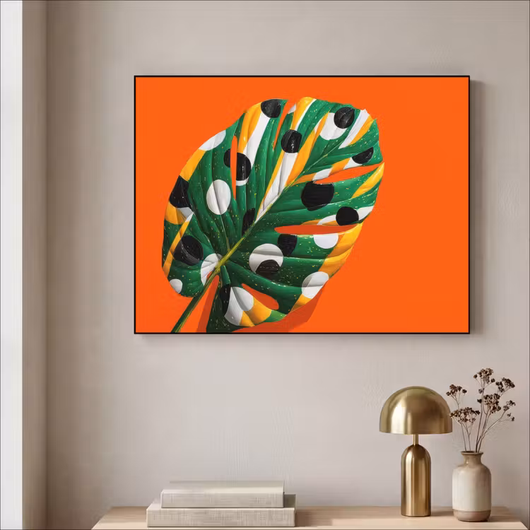 Blad - Oranje - Stippen - Kleurrijk Textielframe zwart klein -sfeer2