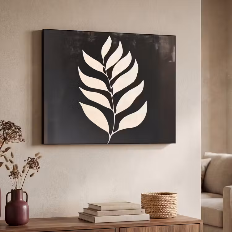 Blad - Wit - Minimalistisch Textielframe zwart klein -sfeer3