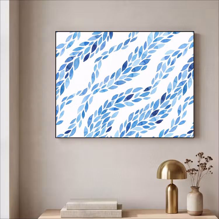 Bladeren - Aquarel - Patroon - Modern - Blauw Textielframe zwart klein -sfeer2