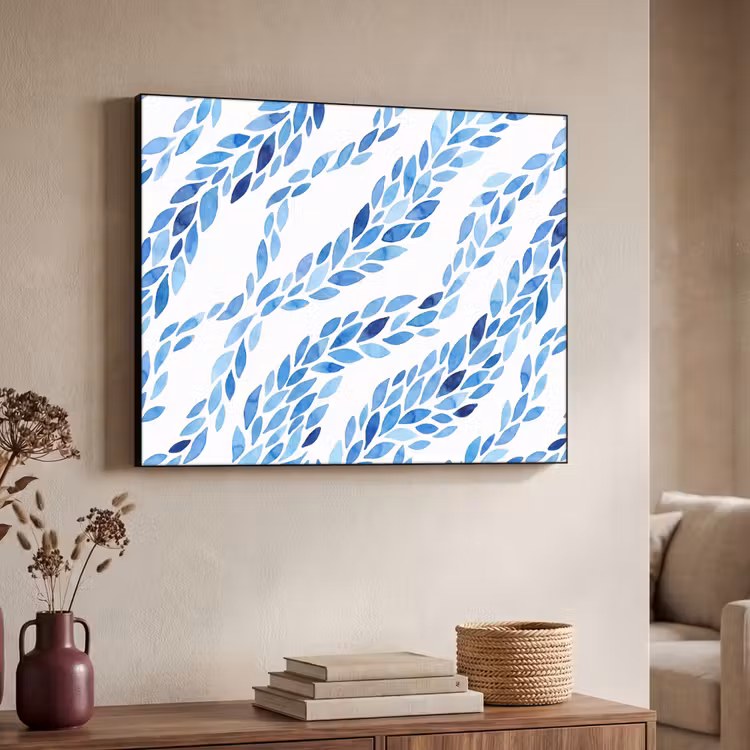 Bladeren - Aquarel - Patroon - Modern - Blauw Textielframe zwart klein -sfeer3