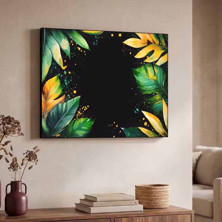 Bladeren - Groen - Geel - Verf - Jungle Textielframe - compleet frame klein -sfeer3