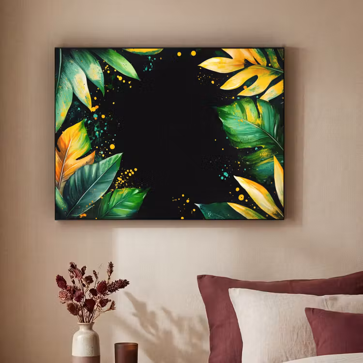 Bladeren - Groen - Geel - Verf - Jungle Textielframe zwart klein -sfeer1