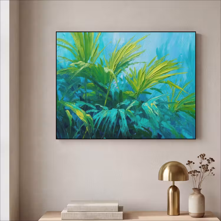Bladeren - Groen - Schilderij - Abstract Textielframe zwart klein -sfeer2