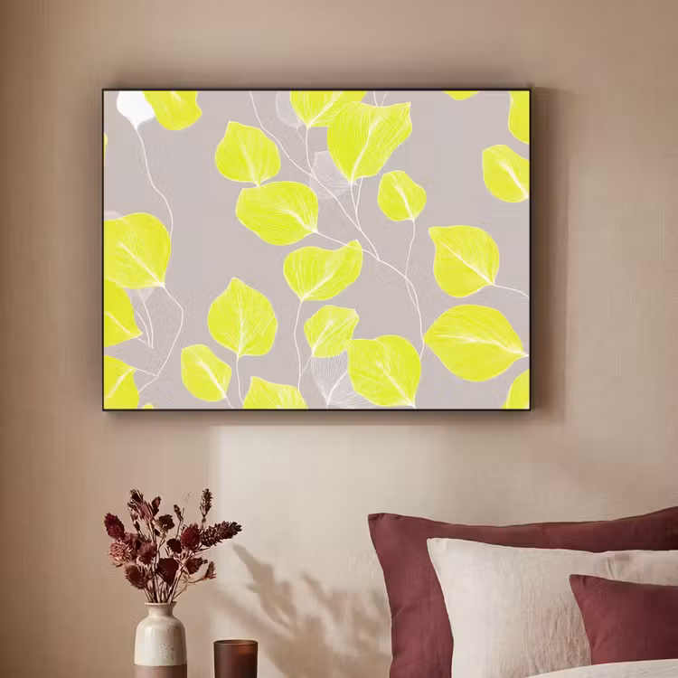 Bladeren - Neon - Geel - Lijnen Textielframe zwart klein -sfeer1