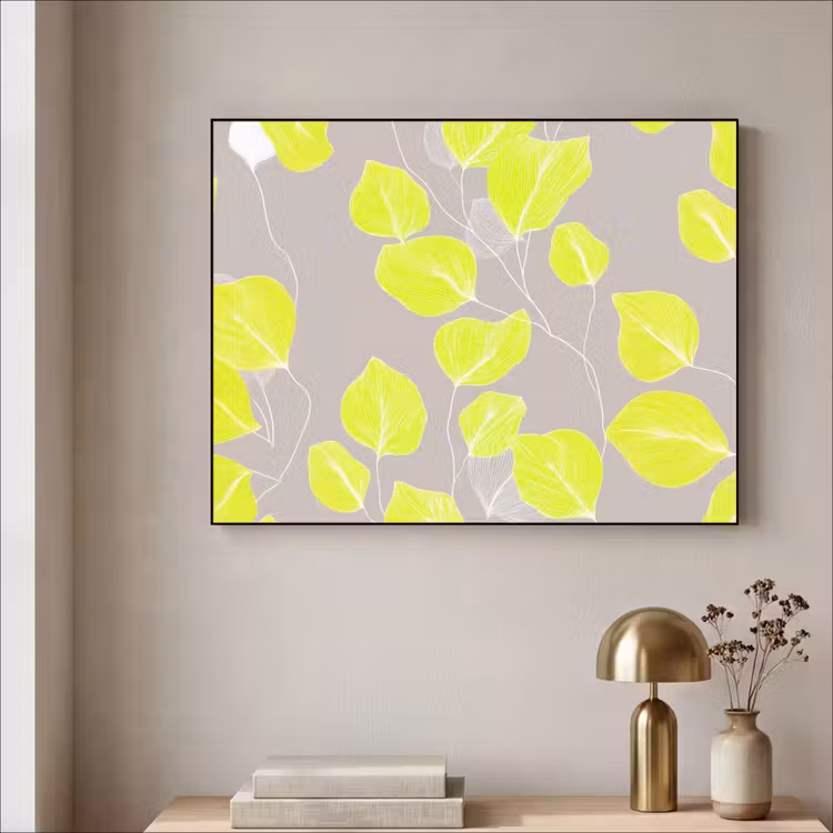 Bladeren - Neon - Geel - Lijnen Textielframe zwart klein -sfeer2