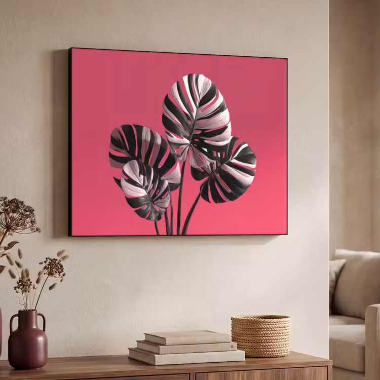 Bladeren - Rond - Roze Textielframe zwart klein -sfeer3