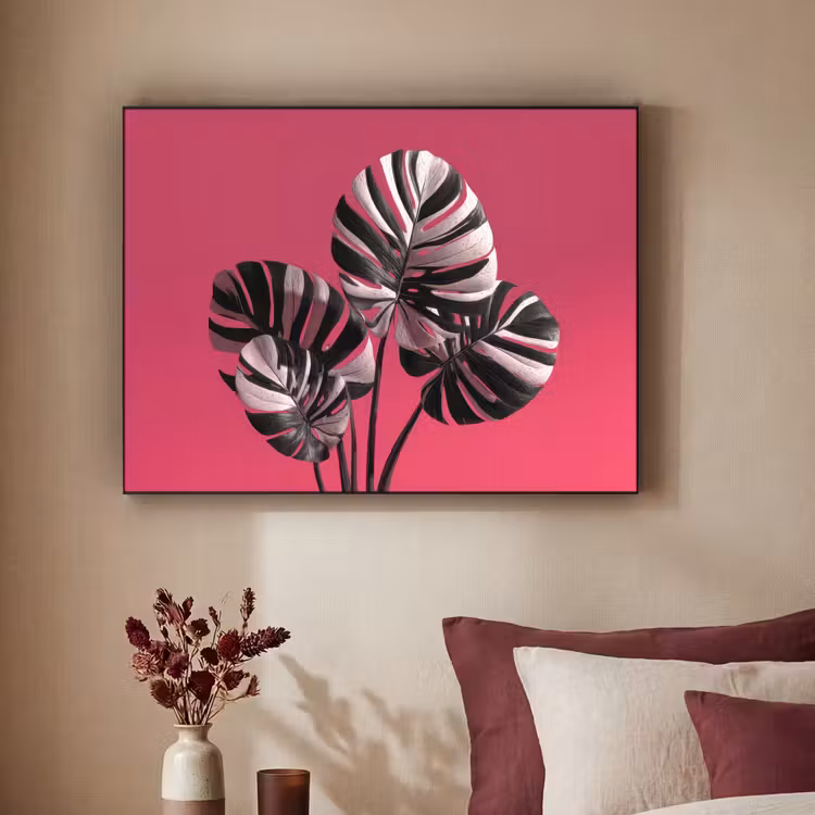 Bladeren - Rond - Roze Textielframe zwart klein -sfeer1