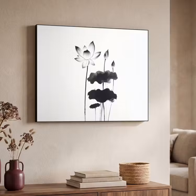 Bladeren - Zwart - Lotusbloem - Minimalitisch Textielframe - compleet frame klein -sfeer3