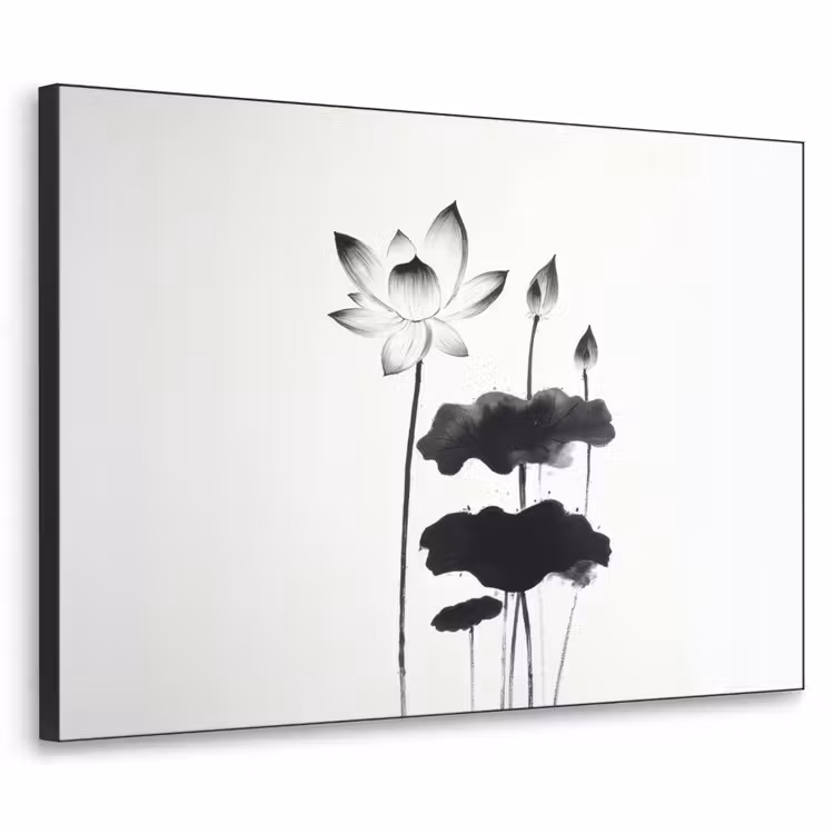 Bladeren - Zwart - Lotusbloem - Minimalitisch Textielframe zwart klein -3d