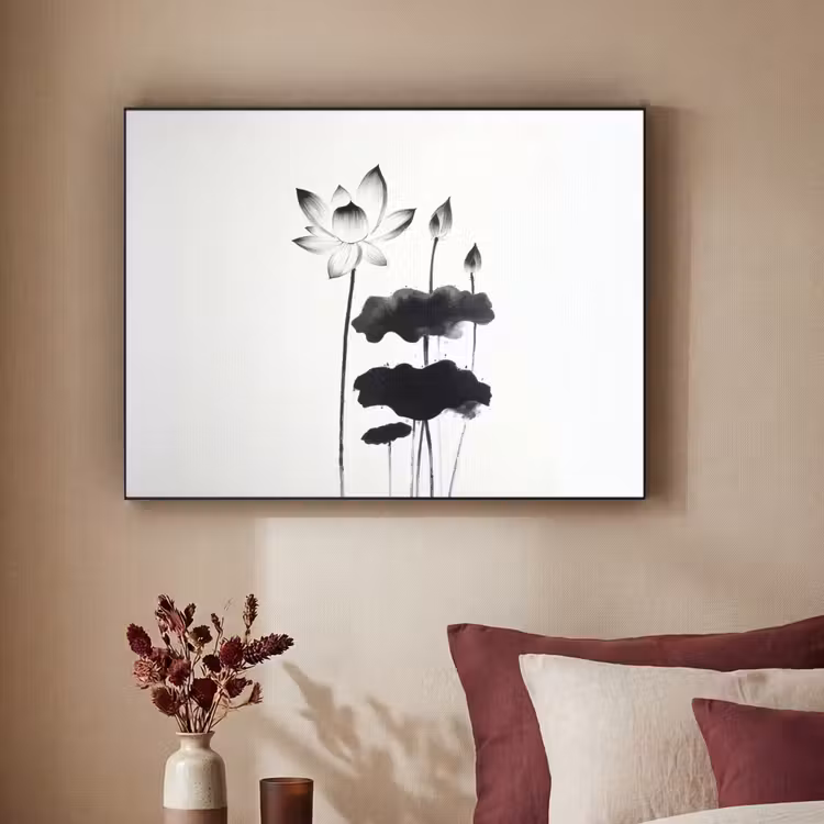 Bladeren - Zwart - Lotusbloem - Minimalitisch Textielframe - compleet frame klein -sfeer1