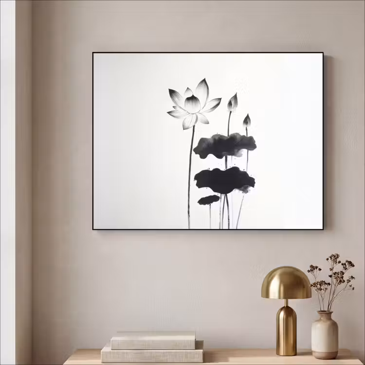 Bladeren - Zwart - Lotusbloem - Minimalitisch Textielframe zwart klein -sfeer2