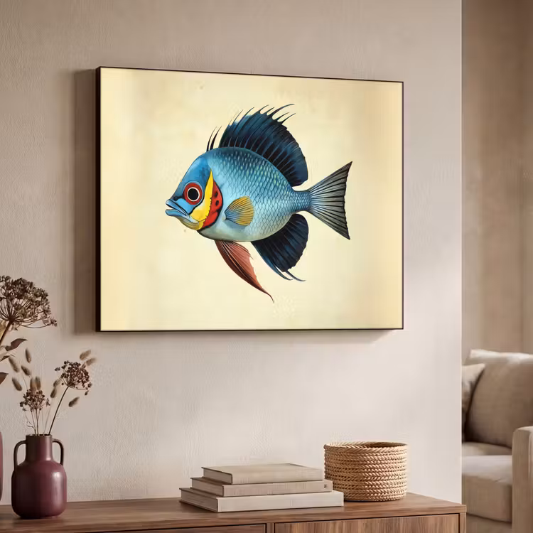 Blauw - Kieuwen - Vis - Illustratie Textielframe zwart klein -sfeer3