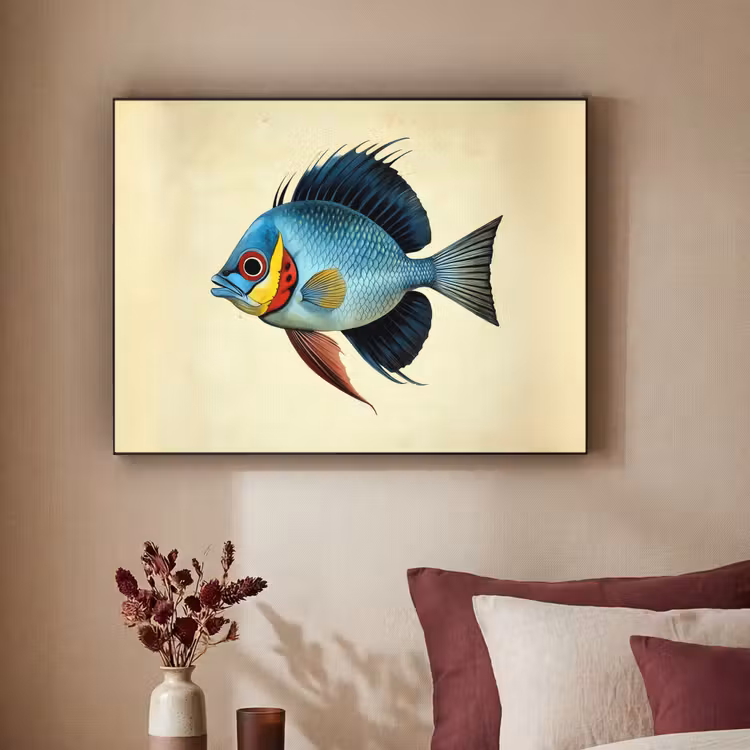 Blauw - Kieuwen - Vis - Illustratie Textielframe zwart klein -sfeer1