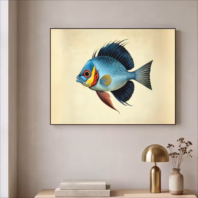 Blauw - Kieuwen - Vis - Illustratie Textielframe zwart klein -sfeer2