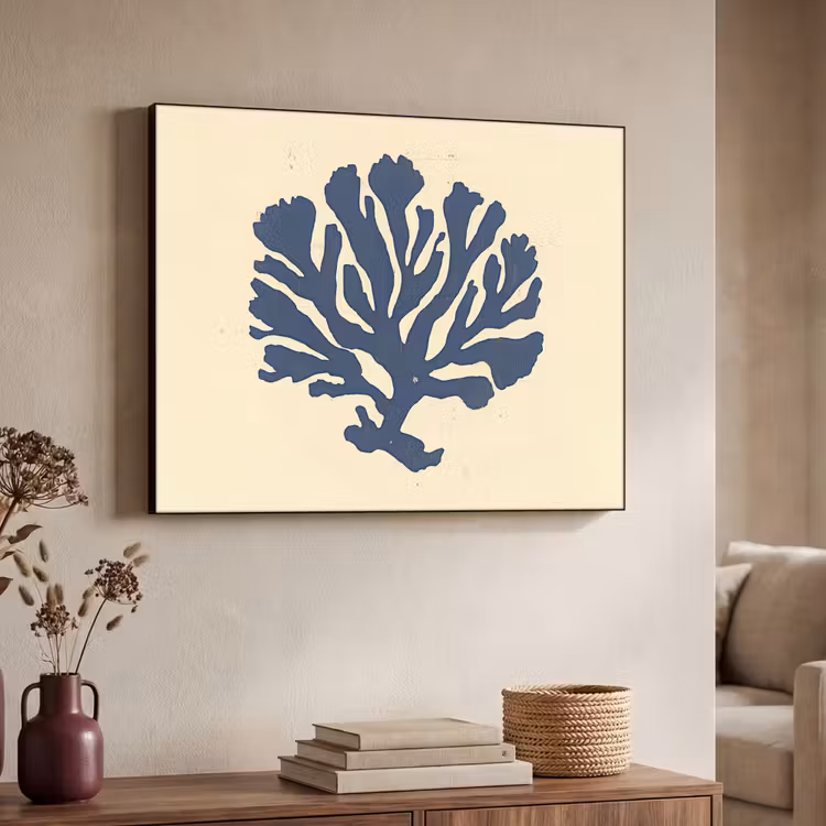 Blauw koraal - Vertakkingen - Beige Textielframe - compleet frame klein -sfeer3