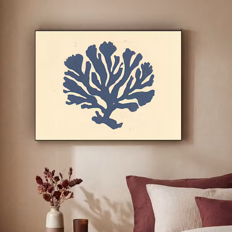 Blauw koraal - Vertakkingen - Beige Textielframe zwart klein -sfeer1