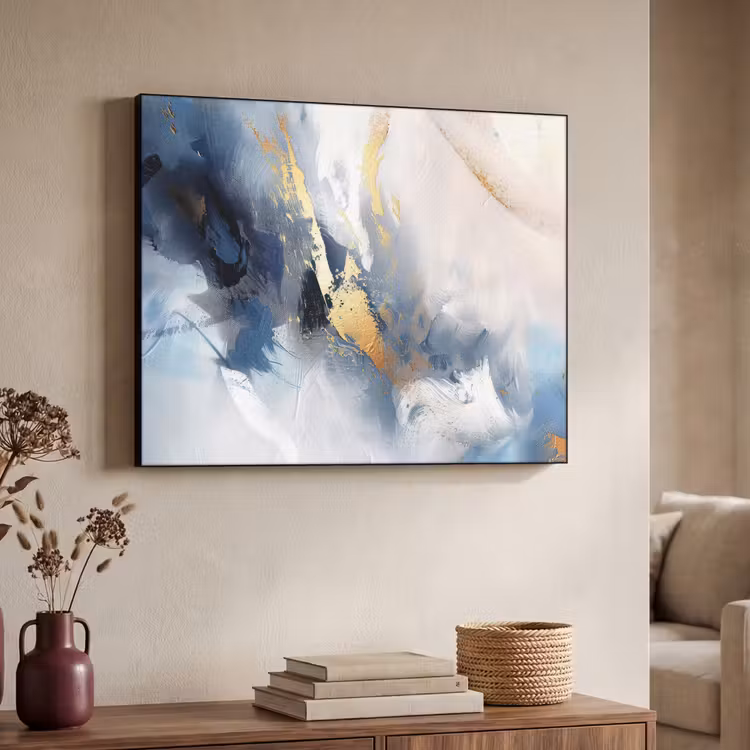 Blauw - Modern - Marmer - Abstract - Goud Textielframe zwart klein -sfeer3