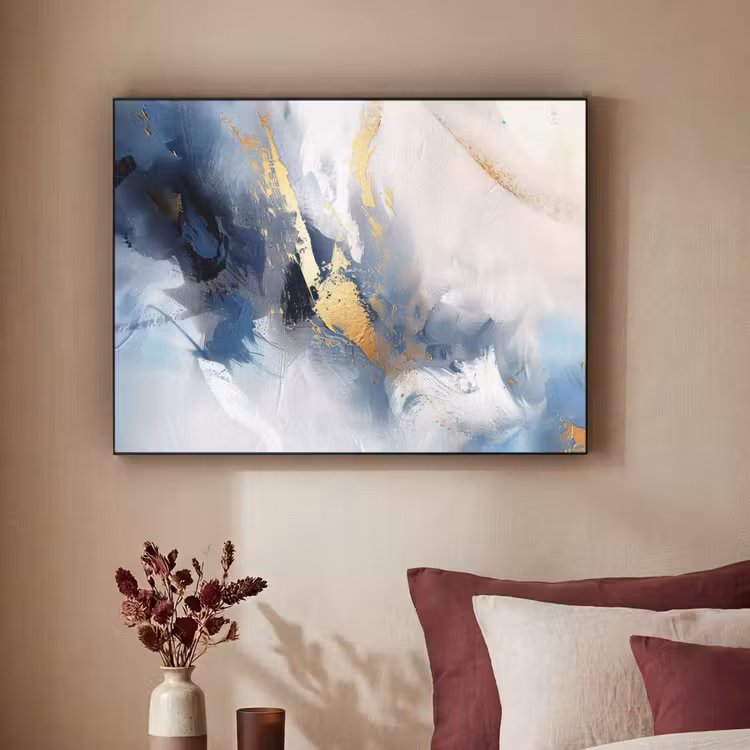 Blauw - Modern - Marmer - Abstract - Goud Textielframe - compleet frame klein -sfeer1