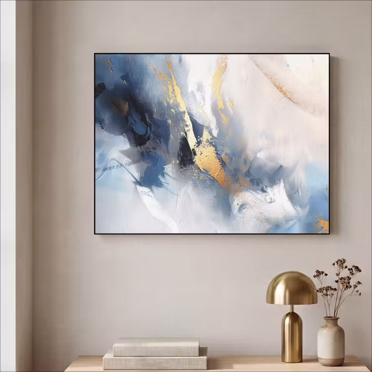 Blauw - Modern - Marmer - Abstract - Goud Textielframe zwart klein -sfeer2