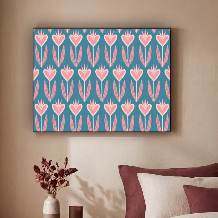 Blauw - Retro - Patroon - Hartjes Textielframe zwart klein 947 -sfeer1