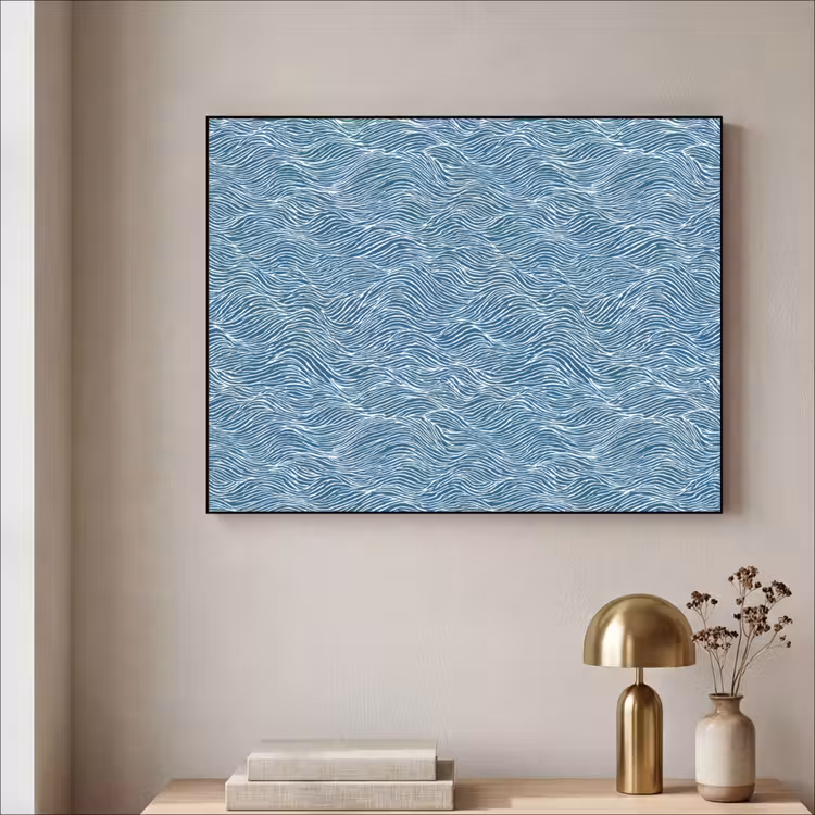 Blauw - Wit - Golven - Getekend - Textuur Textielframe zwart klein 947 -sfeer2