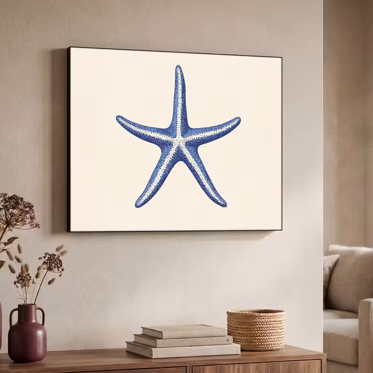 Blauwe zeester - Minimalistisch - Beige Textielframe - compleet frame klein -sfeer3