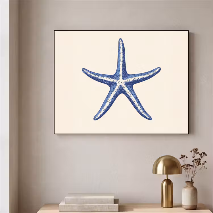 Blauwe zeester - Minimalistisch - Beige Textielframe zwart klein -sfeer2