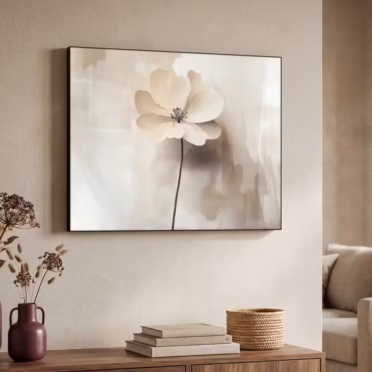 Bloem - Beige - Verf - Schaduw Textielframe zwart klein -sfeer3