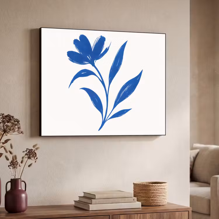 Bloem - Blaadjes - Minimalistisch - Blauw Textielframe zwart klein -sfeer3
