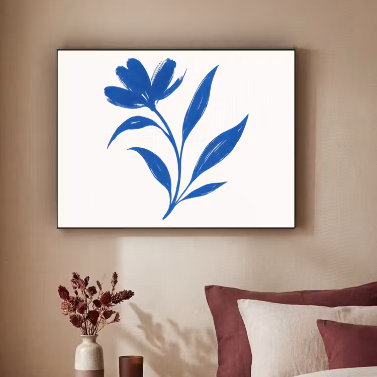 Bloem - Blaadjes - Minimalistisch - Blauw Textielframe zwart klein -sfeer1