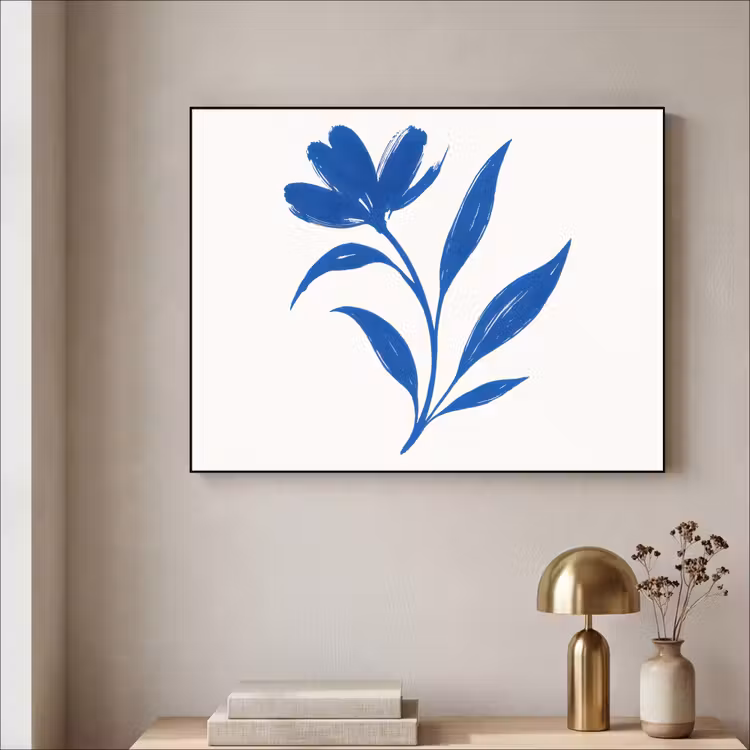 Bloem - Blaadjes - Minimalistisch - Blauw Textielframe - compleet frame klein -sfeer2