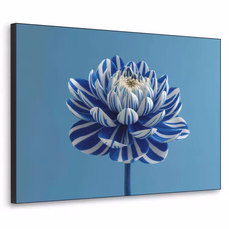 Bloem - Blauw - Bloemblaadjes - Streepjes Textielframe zwart klein -3d