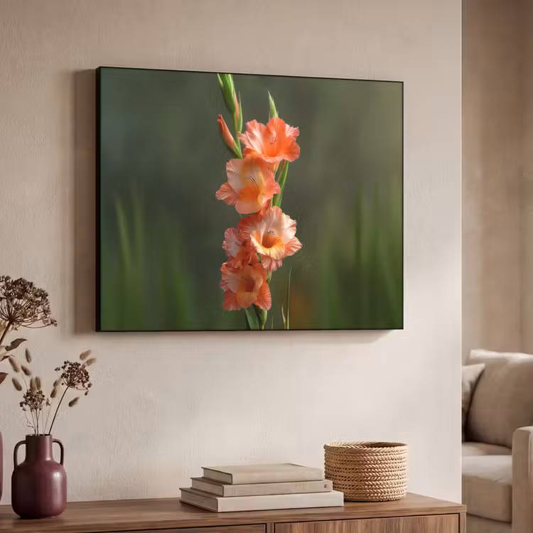 Bloem - Gladiolen - Zalmroze Textielframe zwart klein -sfeer3