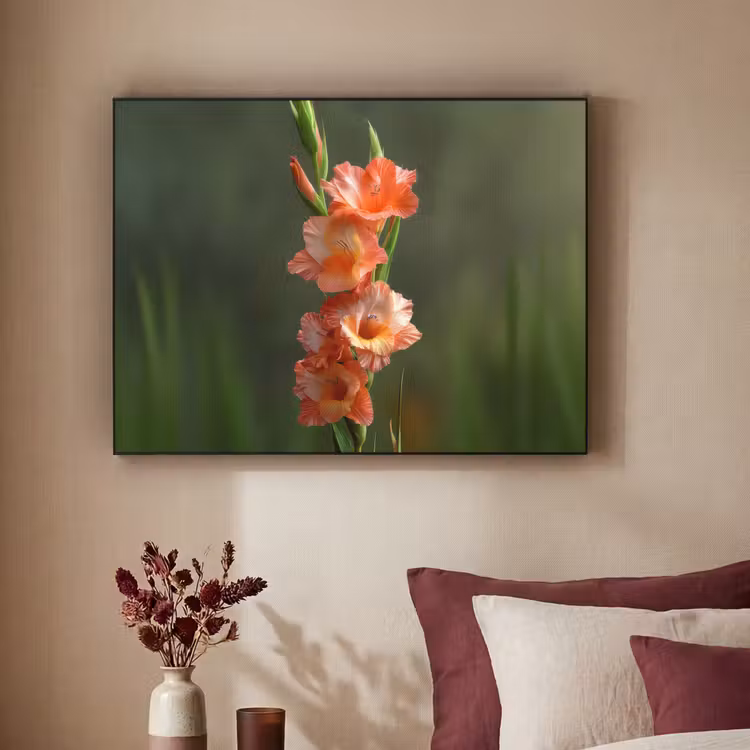 Bloem - Gladiolen - Zalmroze Textielframe zwart klein -sfeer1