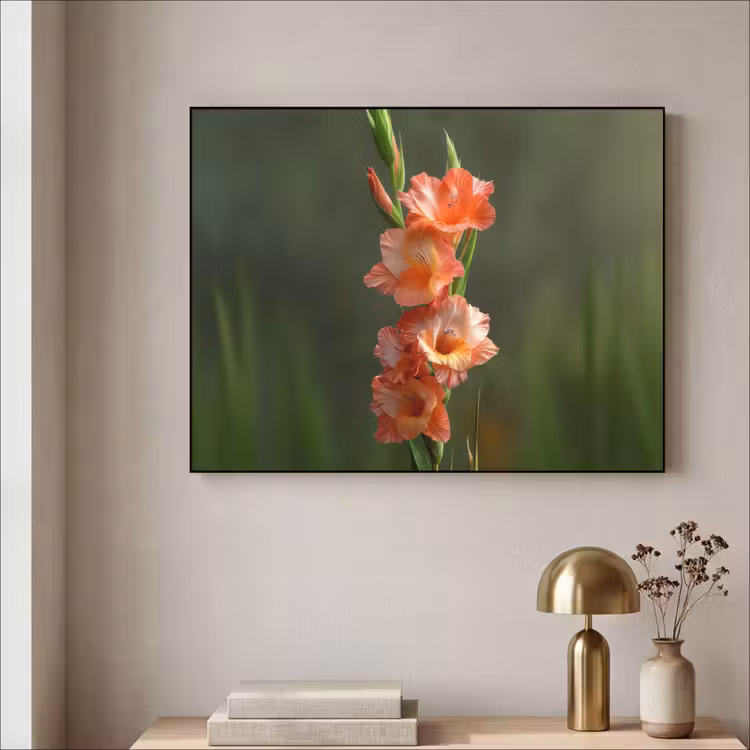 Bloem - Gladiolen - Zalmroze Textielframe - compleet frame klein -sfeer2