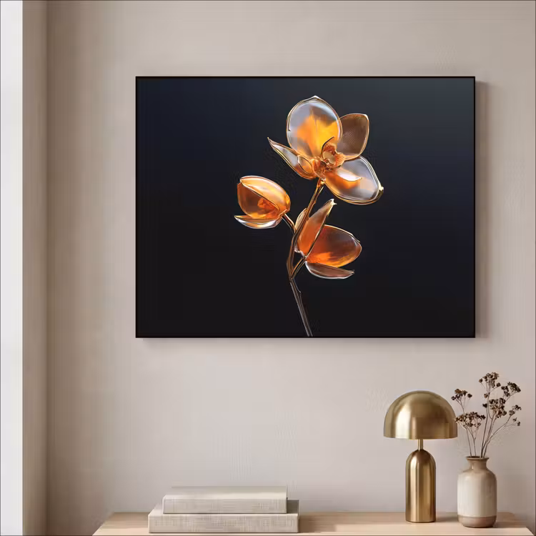 Bloem - Orchidee - Oranje Textielframe zwart klein -sfeer2